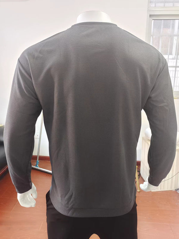 New men’s solid color waffle all-match thin round neck long-sleeved sweater
