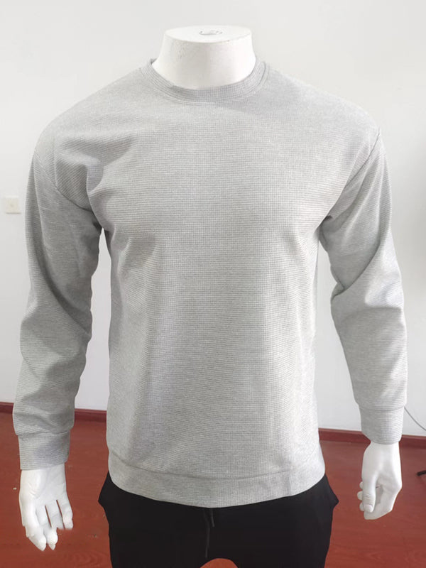 New men’s solid color waffle all-match thin round neck long-sleeved sweater