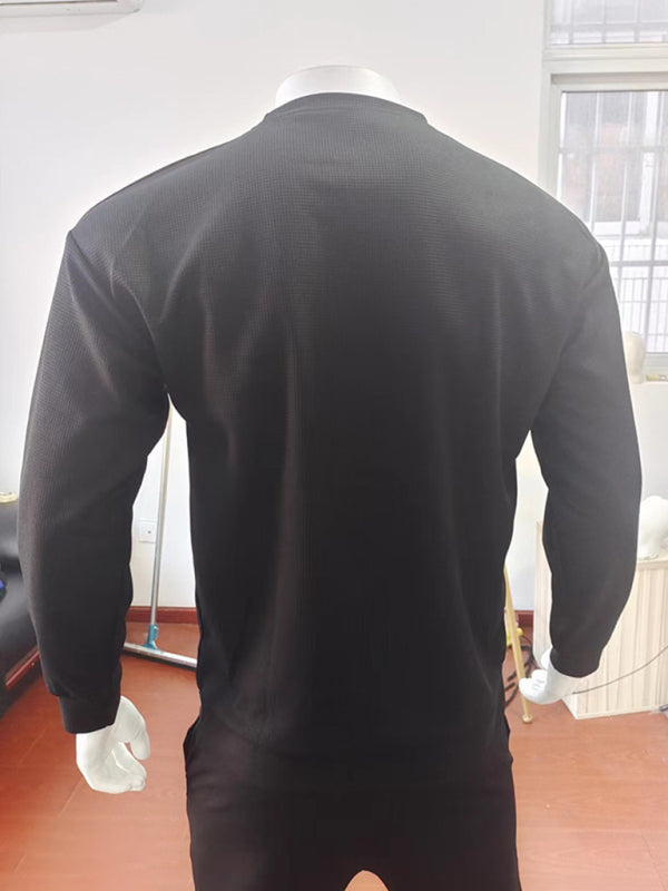 New men’s solid color waffle all-match thin round neck long-sleeved sweater