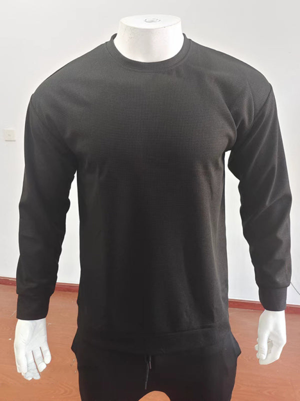 New men’s solid color waffle all-match thin round neck long-sleeved sweater