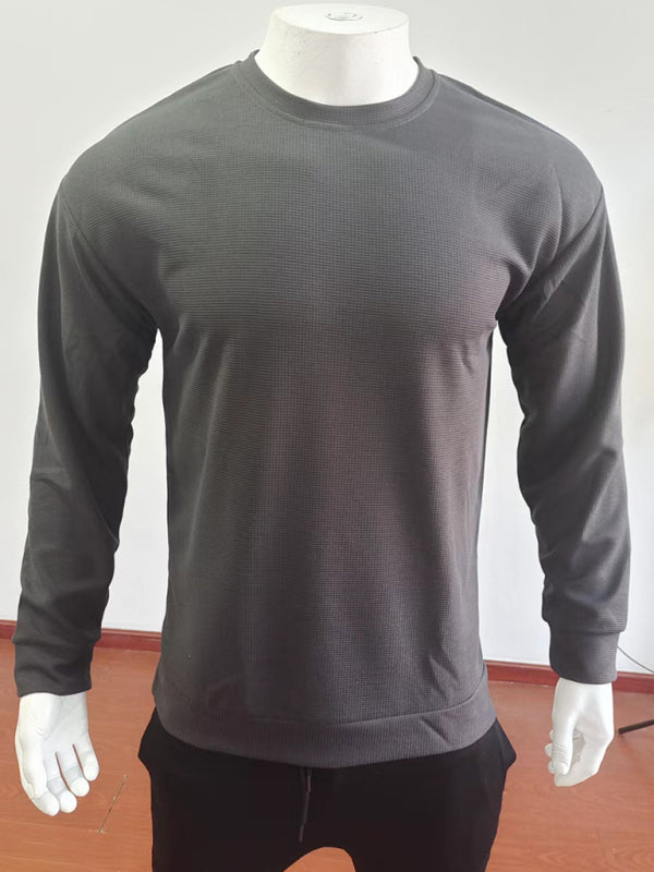 New men’s solid color waffle all-match thin round neck long-sleeved sweater