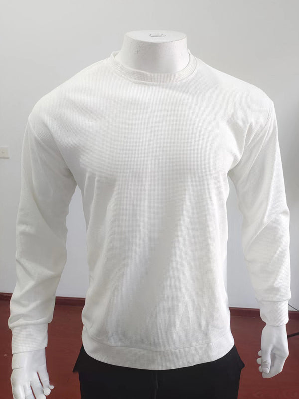 New men’s solid color waffle all-match thin round neck long-sleeved sweater
