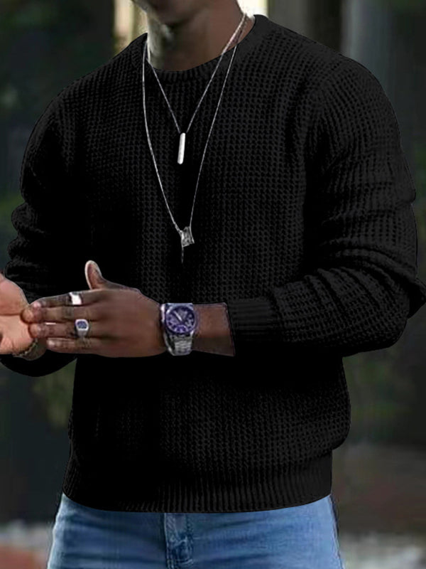 New men’s solid color waffle all-match thin round neck long-sleeved sweater - Black / M