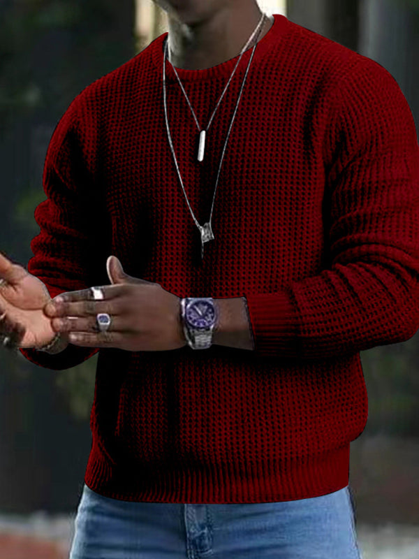 New men’s solid color waffle all-match thin round neck long-sleeved sweater - Dark Red / M