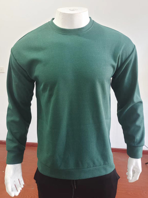 New men’s solid color waffle all-match thin round neck long-sleeved sweater