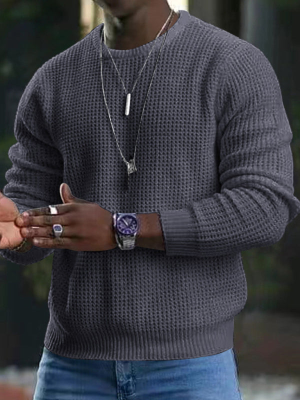 New men’s solid color waffle all-match thin round neck long-sleeved sweater - Charcoal grey / M