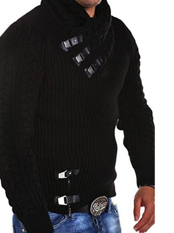 New men’s sweater long sleeve leather button sweater top pullover sweater - Black / S