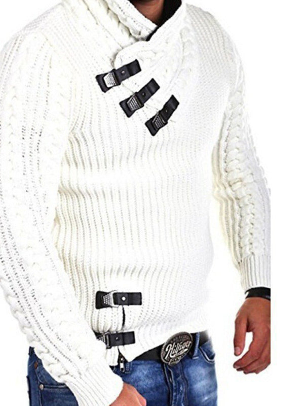 New men’s sweater long sleeve leather button sweater top pullover sweater - White / S