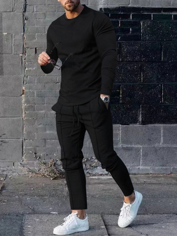 New Men’s Two-piece Set Round Neck Long Sleeve T-Shirt Trousers Casual Sports Suit - Black / M