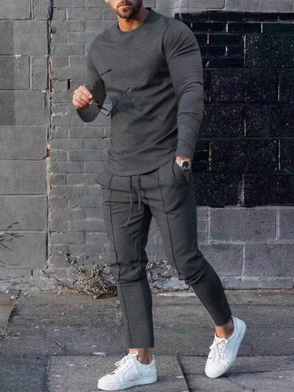 New Men’s Two-piece Set Round Neck Long Sleeve T-Shirt Trousers Casual Sports Suit - Charcoal grey / M