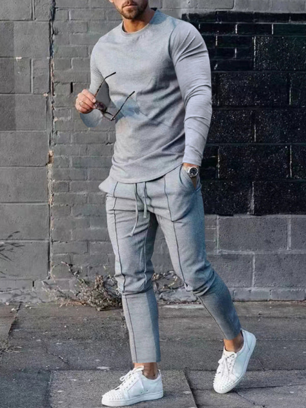 New Men’s Two-piece Set Round Neck Long Sleeve T-Shirt Trousers Casual Sports Suit - Misty grey / M