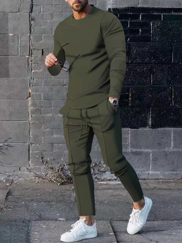 New Men’s Two-piece Set Round Neck Long Sleeve T-Shirt Trousers Casual Sports Suit - Olive green / M