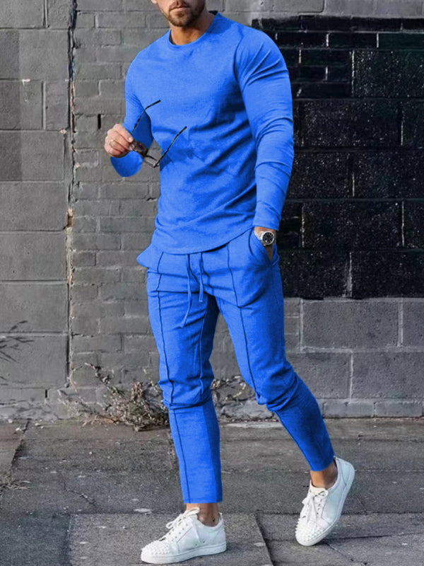 New Men’s Two-piece Set Round Neck Long Sleeve T-Shirt Trousers Casual Sports Suit - Clear blue / M