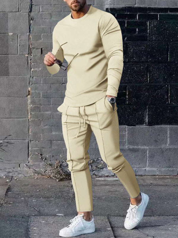 New Men’s Two-piece Set Round Neck Long Sleeve T-Shirt Trousers Casual Sports Suit - Cracker khaki / M