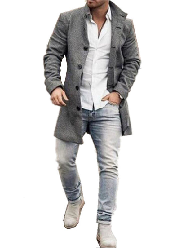 New men’s woolen stand collar mid-length pocket casual coat