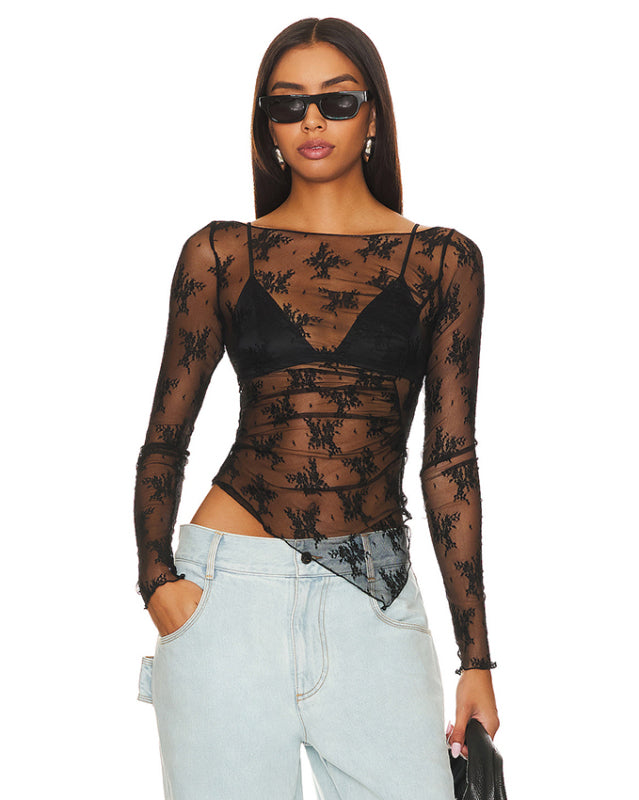 New mesh sexy see-through small stand-up collar long-sleeved lace shirt - Black / S