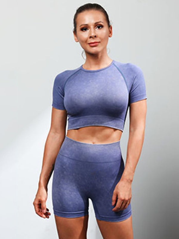 New multi-color yoga sports short-sleeved shorts set - Blue / S