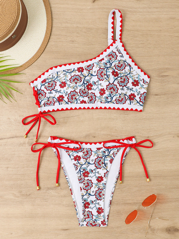 New one-shoulder small fresh printed split triangle lace-up adjustable sexy bikini - Red / S
