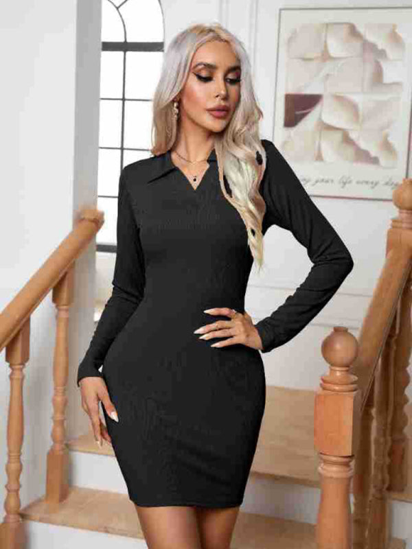 New pit lapel long sleeve short skirt hip-hugging bottoming dress - Black / S