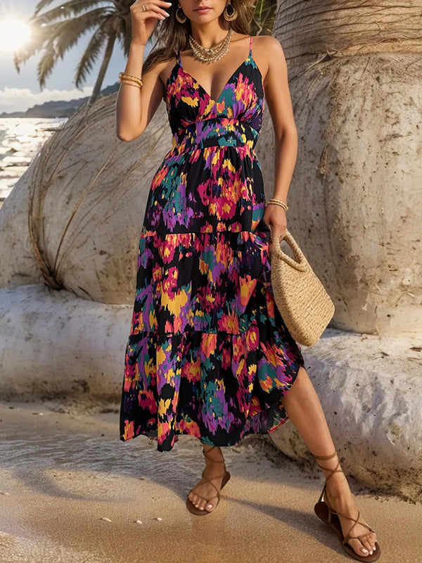 New printed A-line long skirt slit suspender backless dress - Black / S