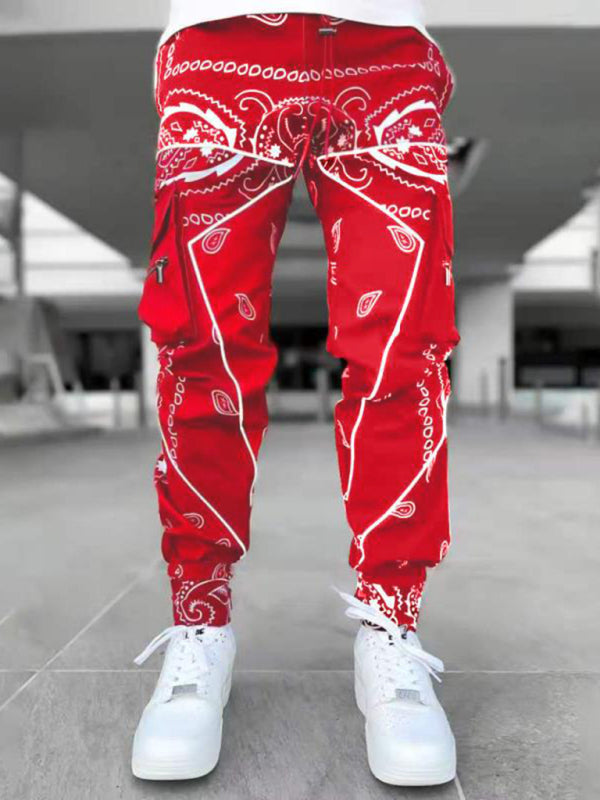 New printed cashew flower harem pants men’s loose high street multi-pocket overalls - Red / S