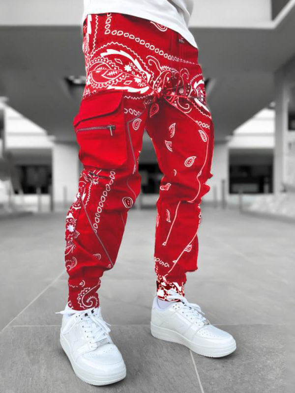 New printed cashew flower harem pants men’s loose high street multi-pocket overalls