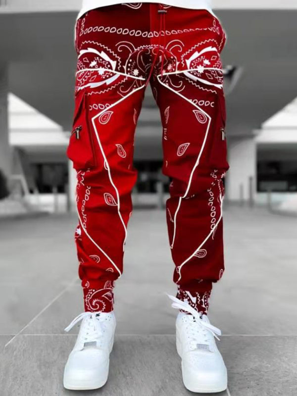 New printed cashew flower harem pants men’s loose high street multi-pocket overalls - Dark Red / S