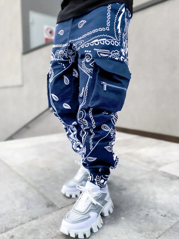 New printed cashew flower harem pants men’s loose high street multi-pocket overalls - Blue / S