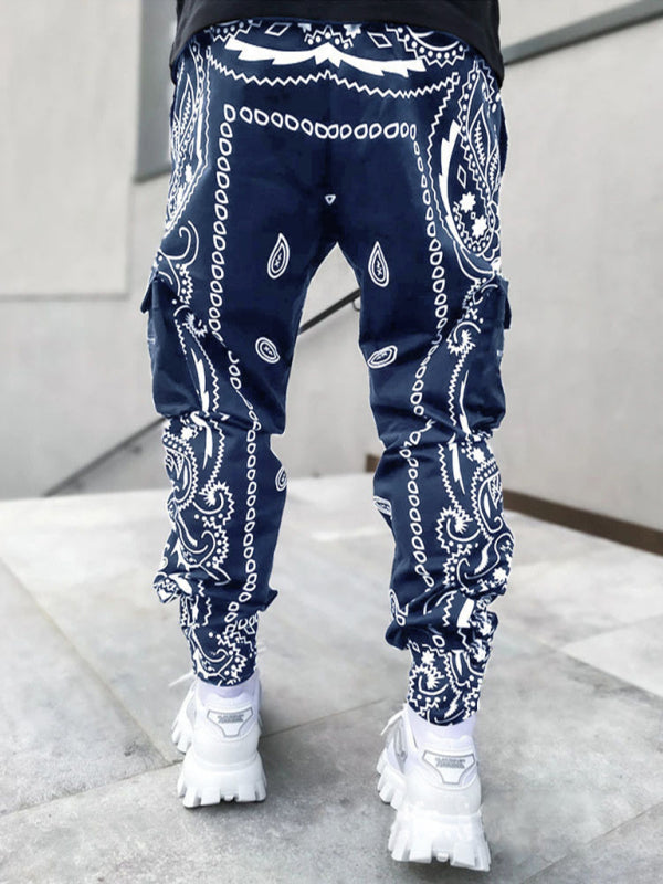 New printed cashew flower harem pants men’s loose high street multi-pocket overalls