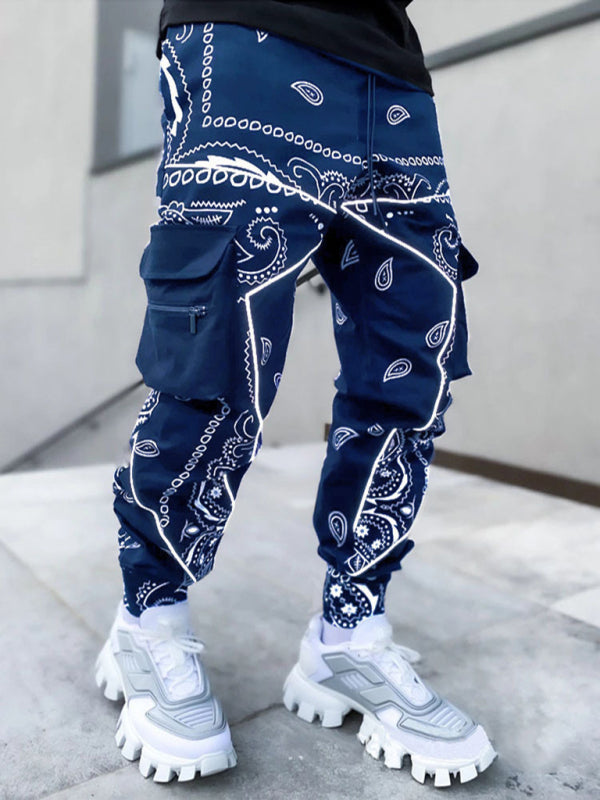 New printed cashew flower harem pants men’s loose high street multi-pocket overalls