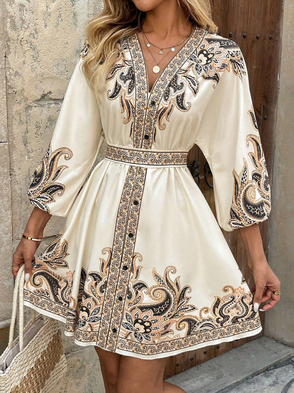 New Printed V-Neck Three-Quarter Sleeve Tie-Waist Dress - Cracker khaki / S