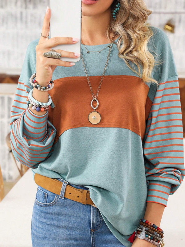 New pullover round neck casual striped color collision long sleeve t-shirt - Pea green grey / S