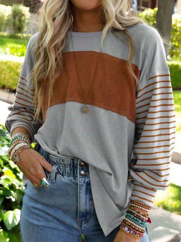 New pullover round neck casual striped color collision long sleeve t-shirt - Grey / S