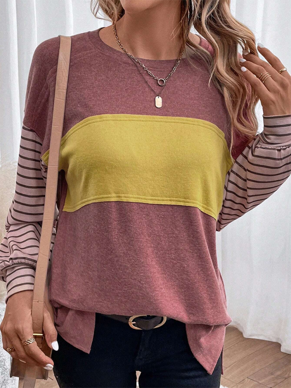 New pullover round neck casual striped color collision long sleeve t-shirt - Wine Red / S