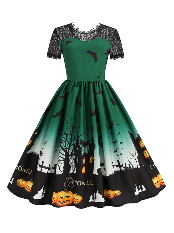 New retro lace round neck short-sleeved printed wide skirt dress - Green / S