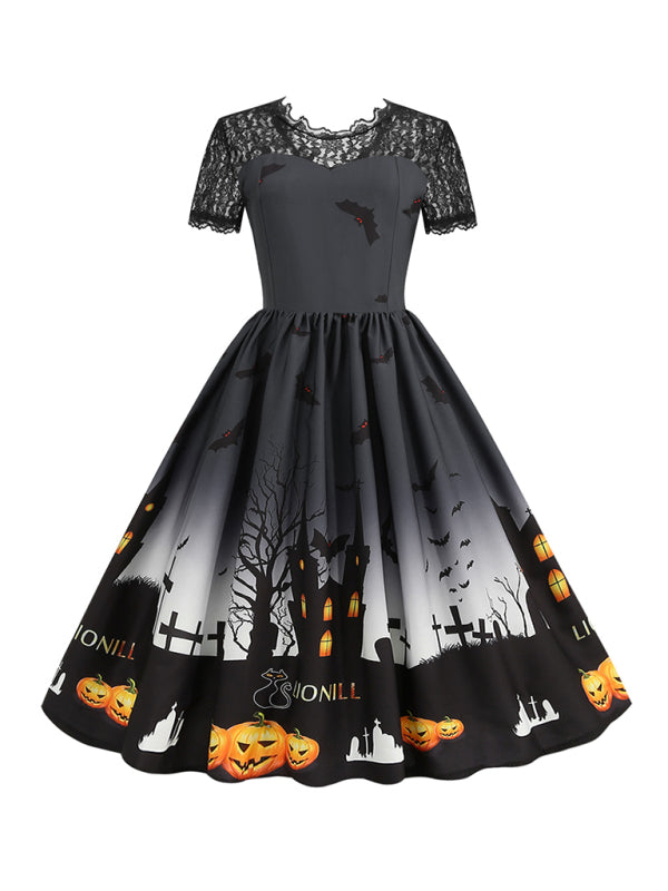 New retro lace round neck short-sleeved printed wide skirt dress - Black / S