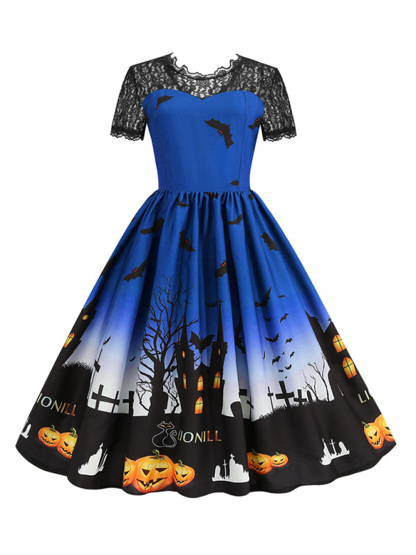 New retro lace round neck short-sleeved printed wide skirt dress - Blue / S