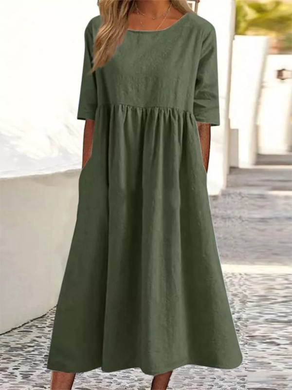 New round neck 5-quarter sleeves large size casual loose long solid color dress - Olive green / S