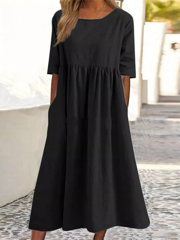 New round neck 5-quarter sleeves large size casual loose long solid color dress - Black / S