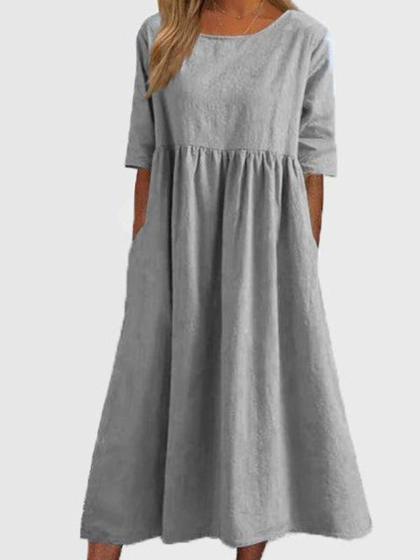 New round neck 5-quarter sleeves large size casual loose long solid color dress - Misty grey / S
