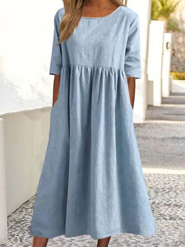 New round neck 5-quarter sleeves large size casual loose long solid color dress - Clear blue / S