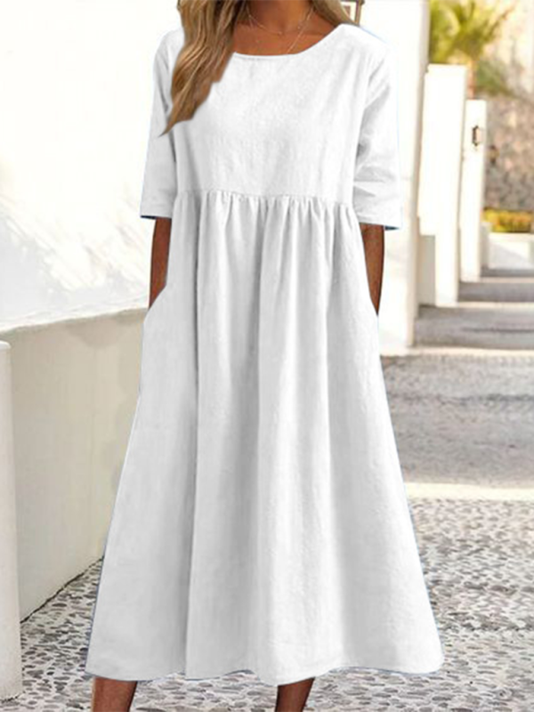 New round neck 5-quarter sleeves large size casual loose long solid color dress - White / S