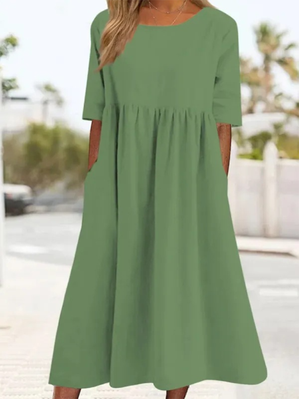 New round neck 5-quarter sleeves large size casual loose long solid color dress - Green / S