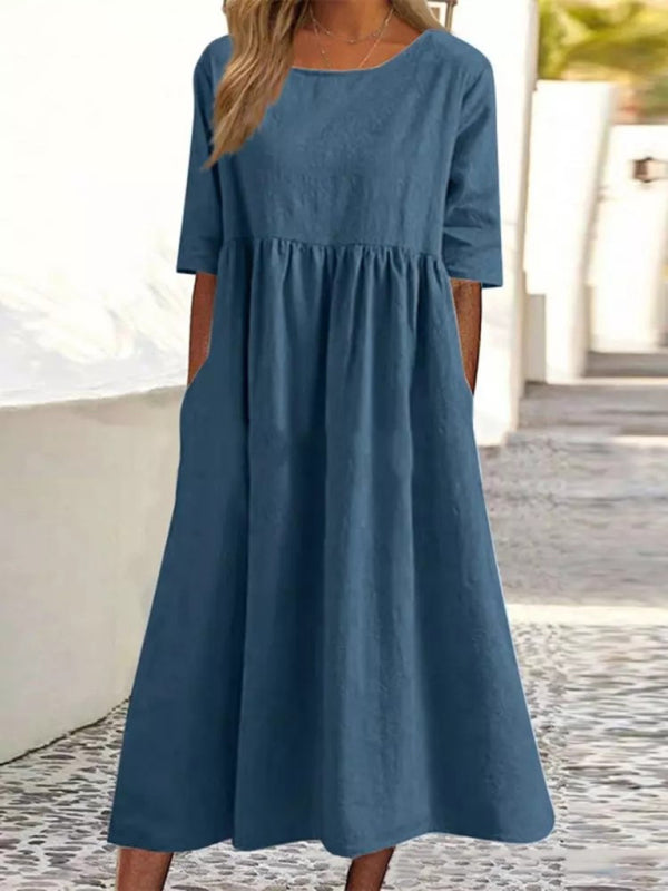 New round neck 5-quarter sleeves large size casual loose long solid color dress - Peacock blue / S