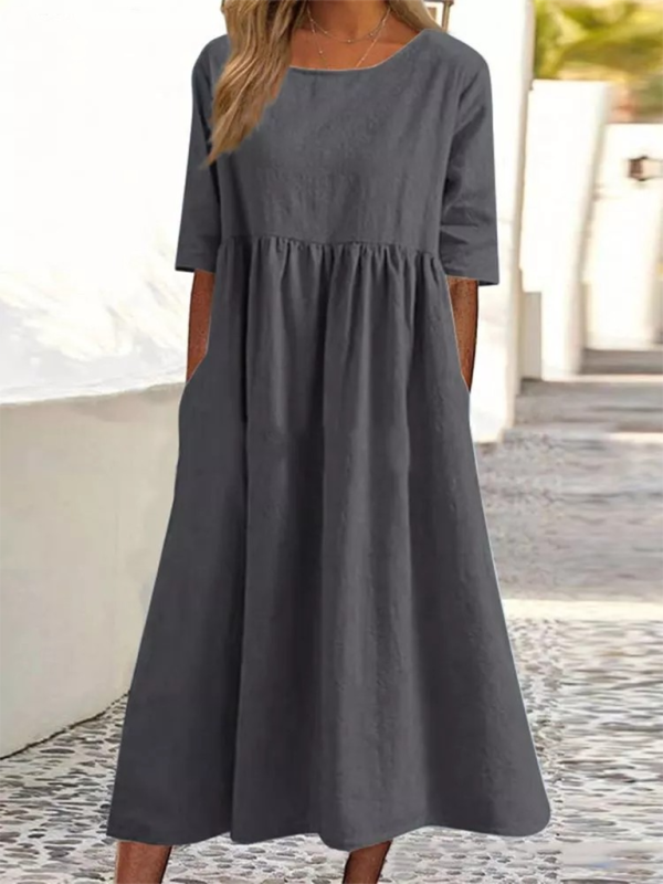 New round neck 5-quarter sleeves large size casual loose long solid color dress - Grey / S