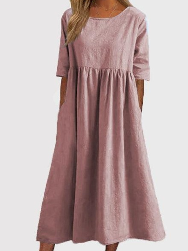 New round neck 5-quarter sleeves large size casual loose long solid color dress - Pink / S