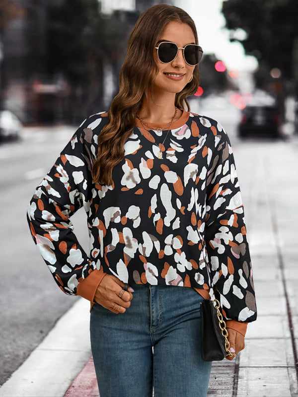 New round neck dropped shoulder lantern sleeve printed top - Black / S