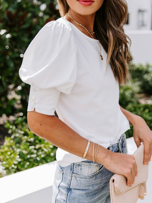 New round neck solid color button loose top T-shirt shirt - White / S