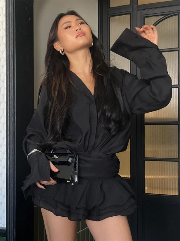 New ruffled white V-neck shirt dress hot girl skirt - Black / S