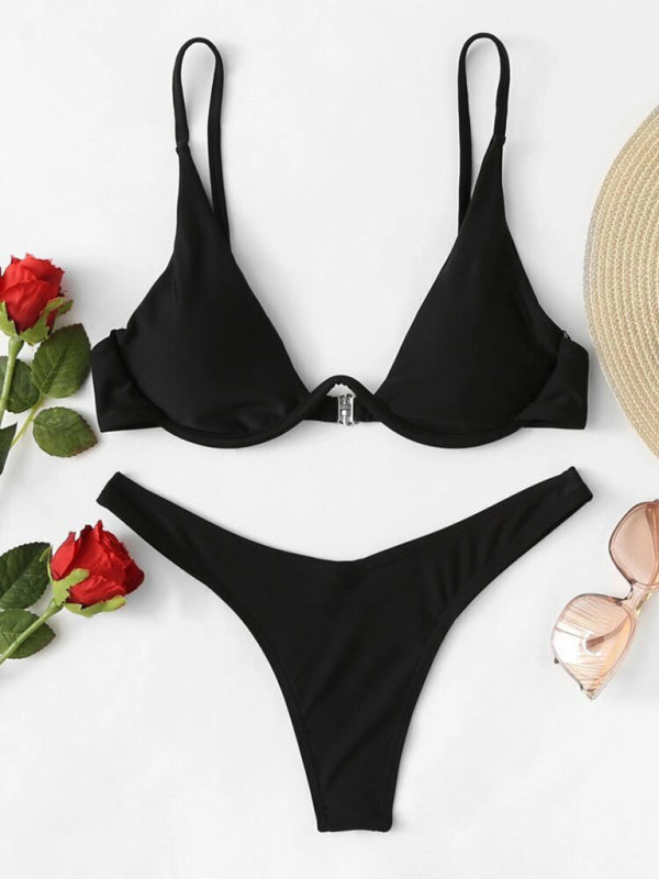 New sexy bikini solid color underwire swimsuit - Black / S